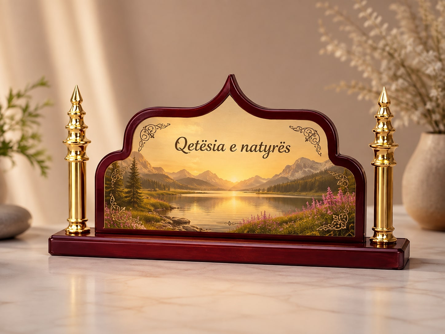 Kornizë Dekorative Fetare me Ton të Artë, Dy Minare dhe Personalizim - foto 4