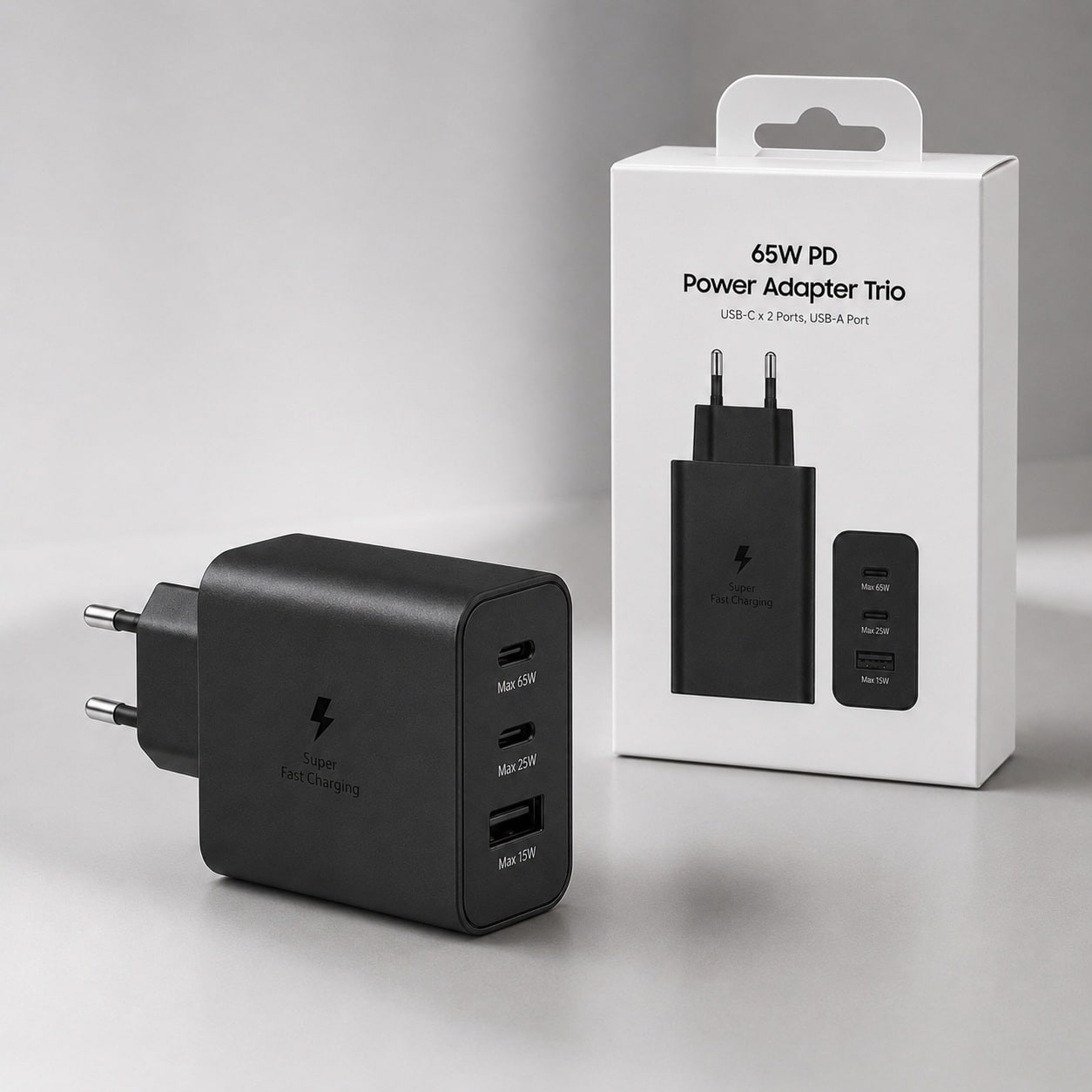Karikues 65W PD Power Adapter Trio – 2x USB-C + 1x USB-A, Super Fast Charging, Prizë EU – i zi - foto 1