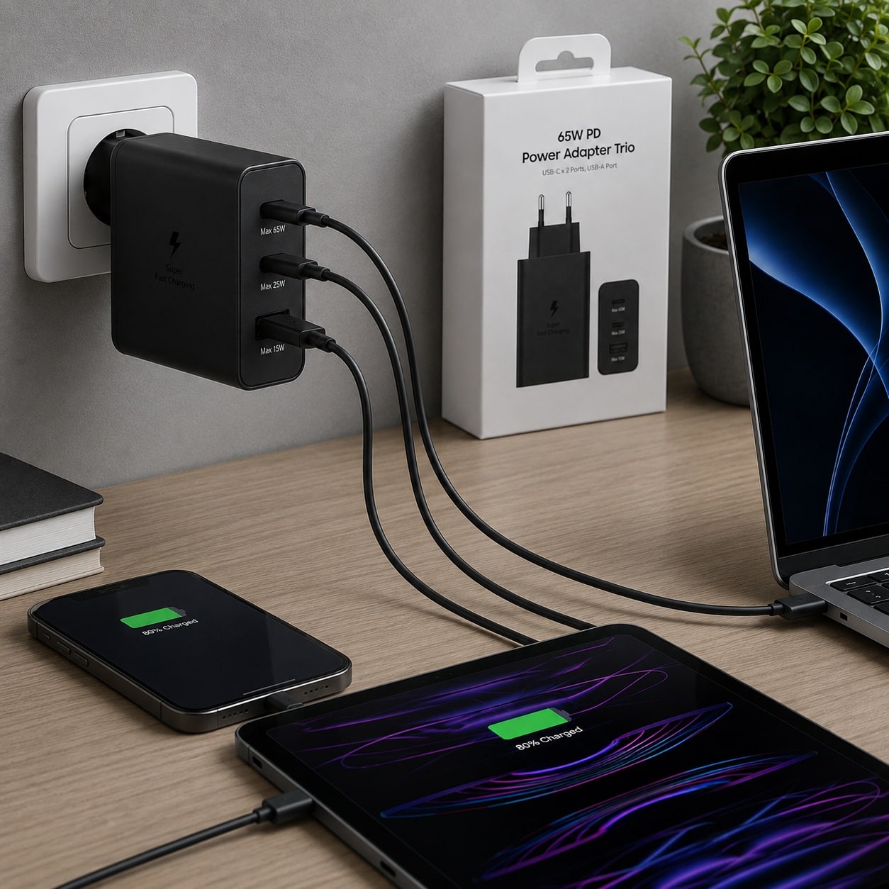 Karikues 65W PD Power Adapter Trio – 2x USB-C + 1x USB-A, Super Fast Charging, Prizë EU – i zi - foto 4