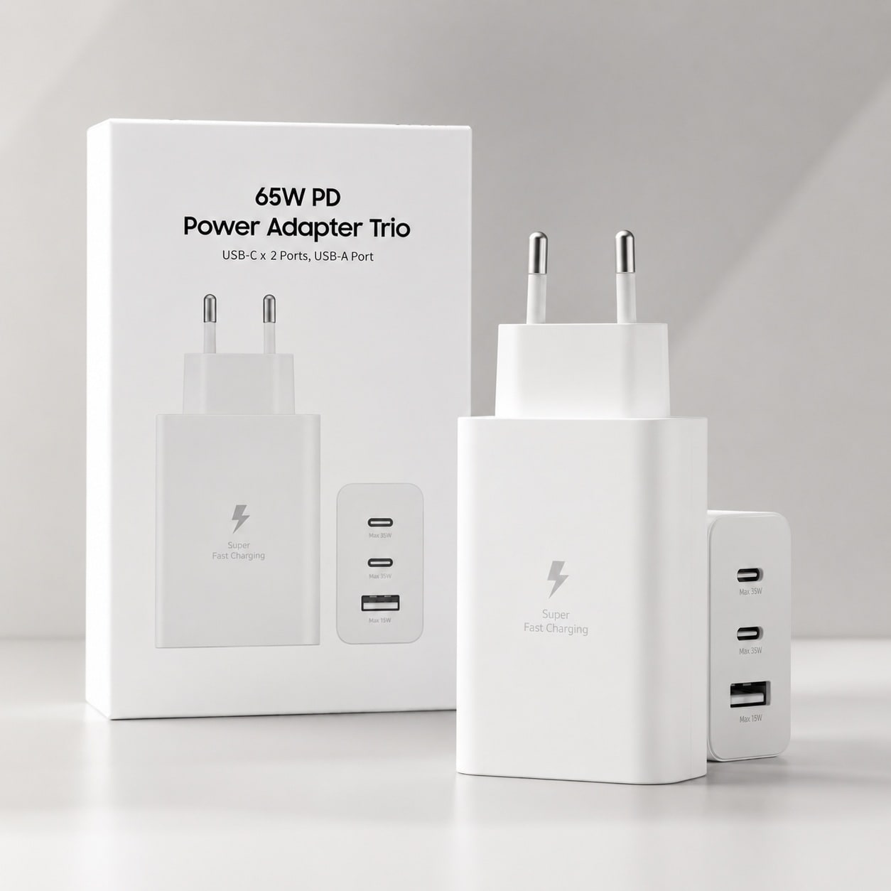 Karikues 65W PD Power Adapter Trio – 2x USB-C + 1x USB-A, Super Fast Charging, Prizë EU – e bardhë - foto 1