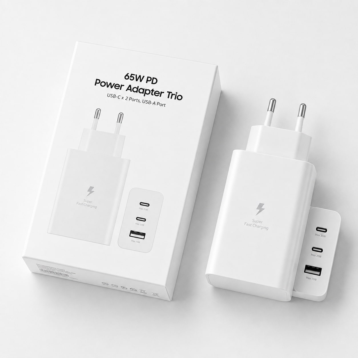 Karikues 65W PD Power Adapter Trio – 2x USB-C + 1x USB-A, Super Fast Charging, Prizë EU – e bardhë - foto 2