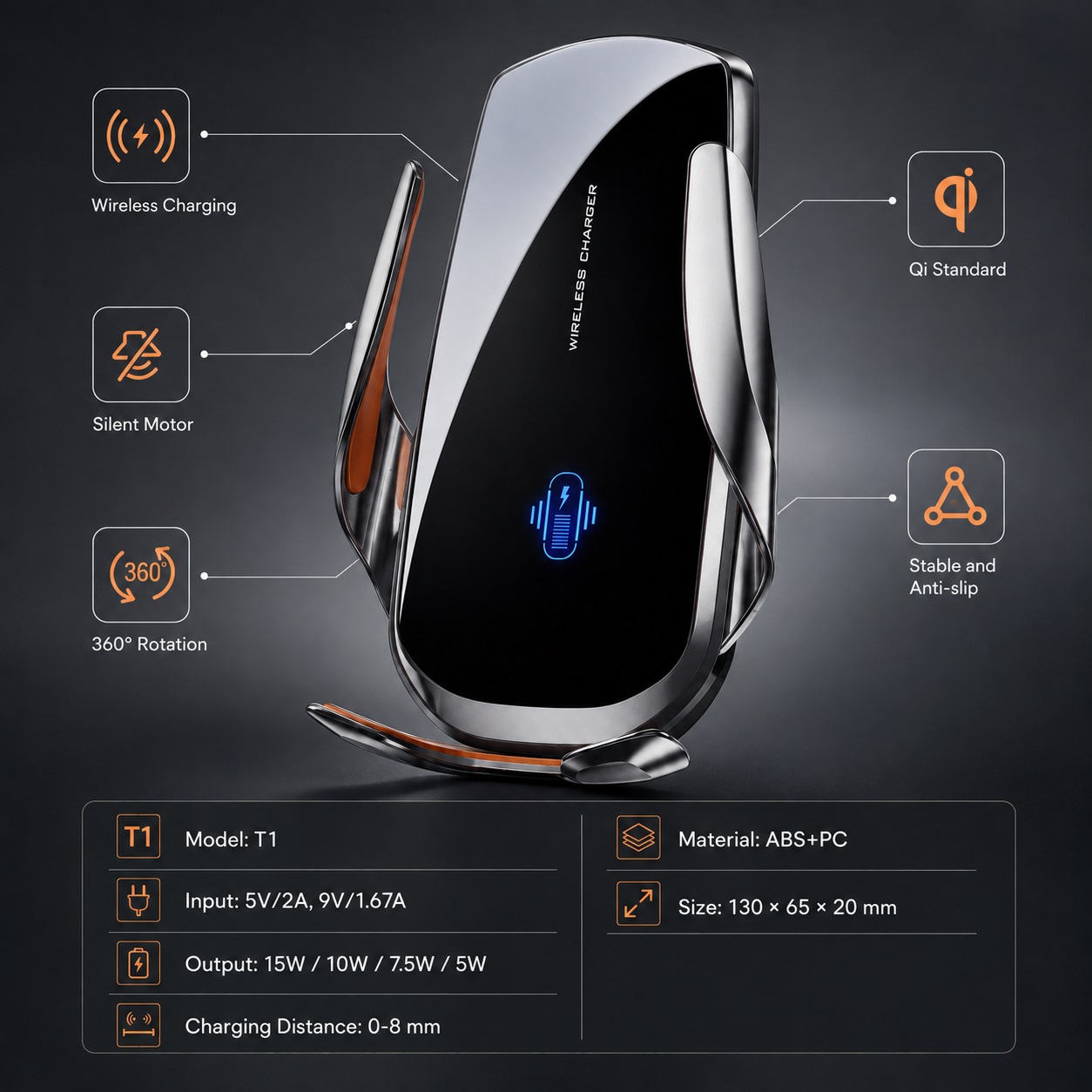 Mbajtëse Telefoni për Makinë T1 me Karikim Wireless 15W dhe Rrotullim 360° - foto 3