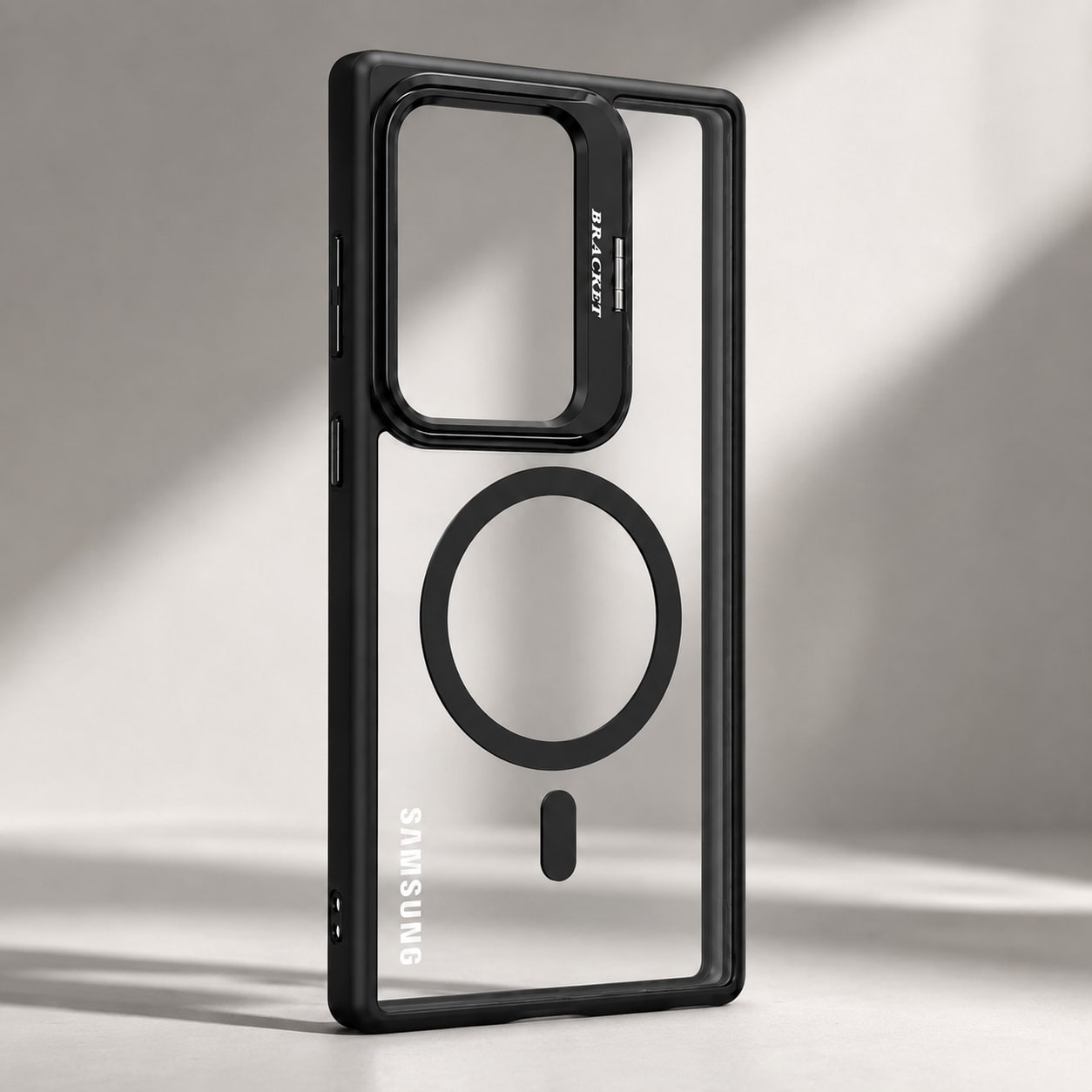 Mbrojtese Magnetike për Samsung Galaxy S24 Ultra me mbrojtje kamerash dhe Bracket – Transparent/Black për mbështetje – e zezë - foto 1