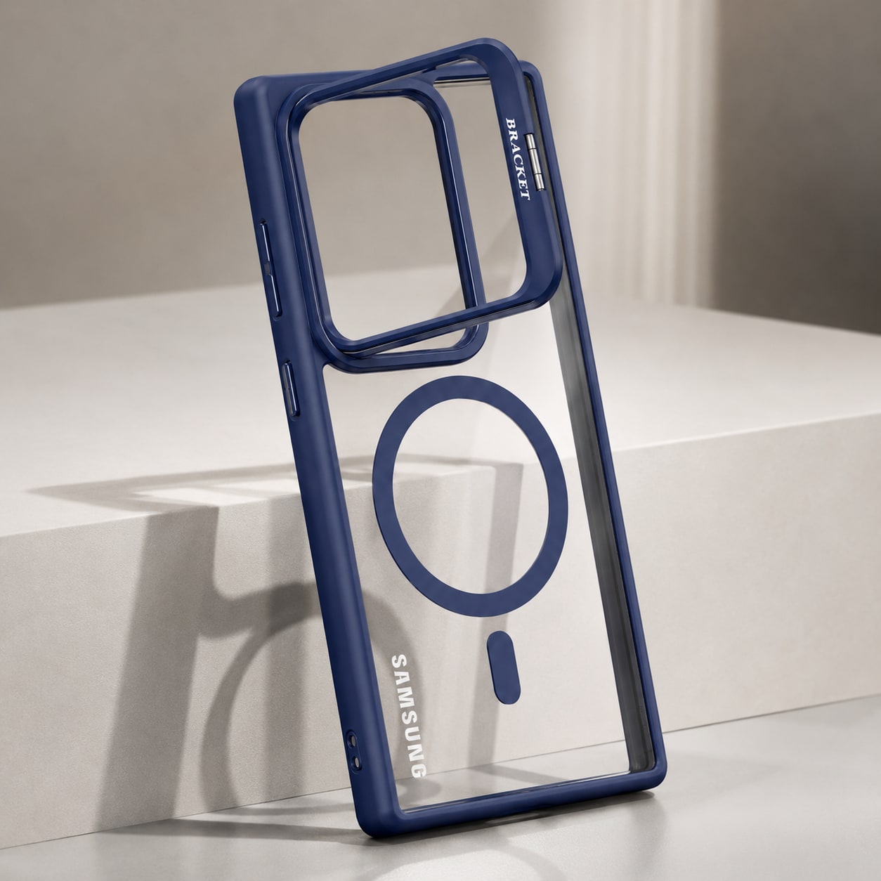 Mbrojtese Magnetike për Samsung Galaxy S24 Ultra me mbrojtje kamerash dhe Bracket – Transparent/Black për mbështetje – e kaltër - foto 1