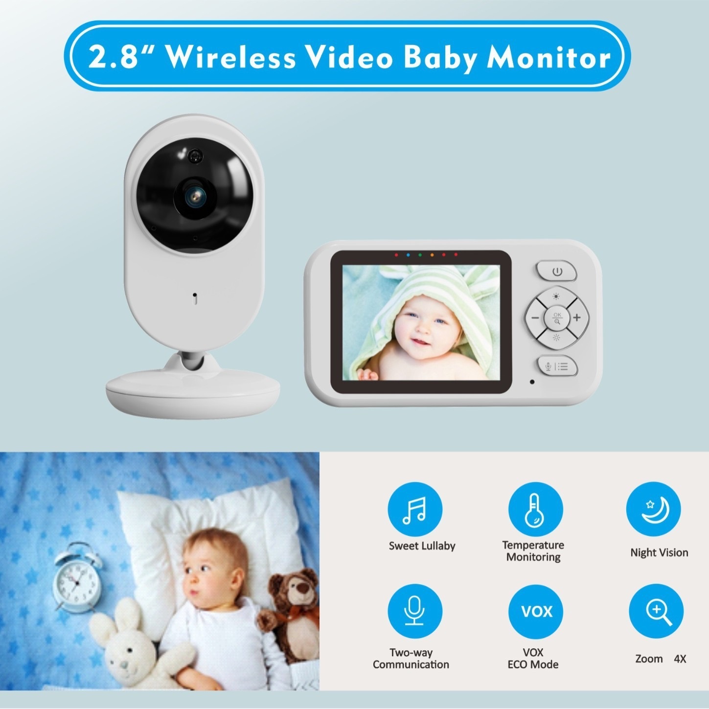 Monitor Video për Foshnje me Ekran LCD 2.8″, Night Vision, Audio Dy-Drejtimëshe, VOX, Temperaturë dhe Zoom 4× - foto 2