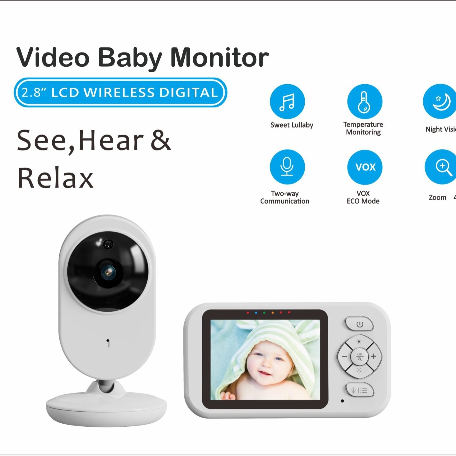 Monitor Video për Foshnje me Ekran LCD 2.8″, Night Vision, Audio Dy-Drejtimëshe, VOX, Temperaturë dhe Zoom 4× - foto 4