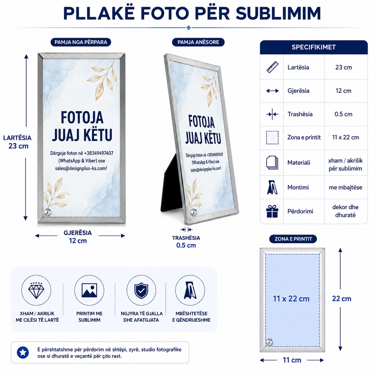 Pllakë Foto (Xham/Akrilik) e Personalizuar me Mbështetëse, 12x23 cm