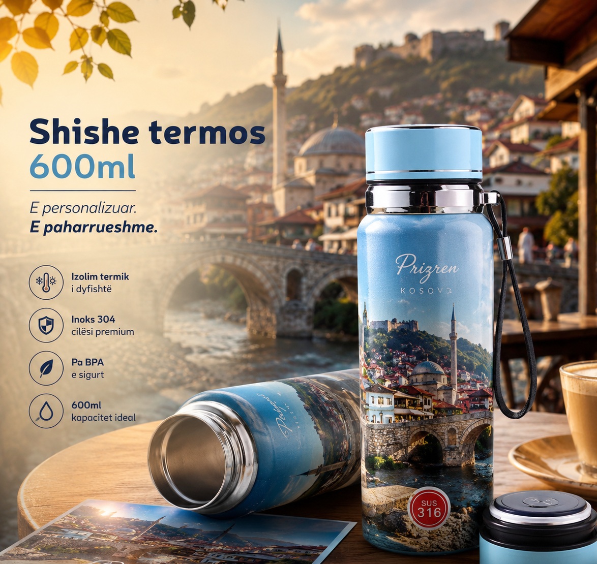 Shishe Termos 600ml e Personalizuar, Inox SUS 304, e Bardhë, Ideale për Sublimim