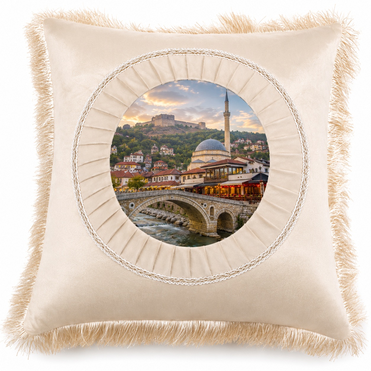 Jastëk i Personalizuar Katror me Franja, Zonë Printimi e Rrumbullakët, Ngjyrë Krem, 40x40 cm