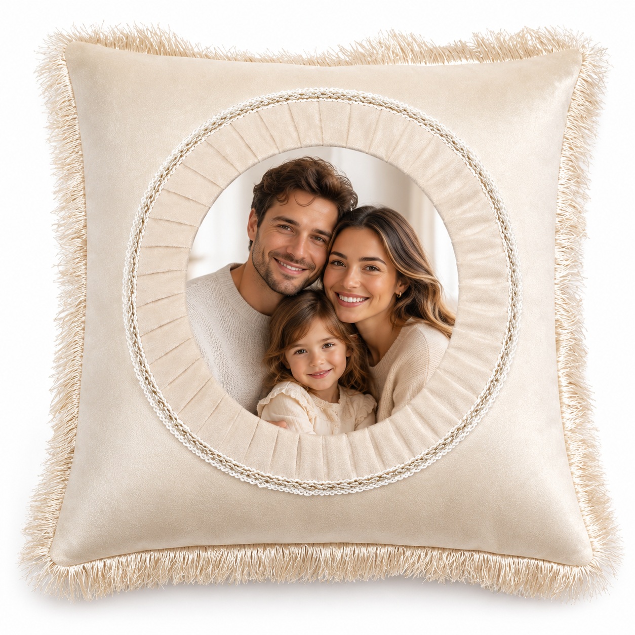 Jastëk i Personalizuar Katror me Franja, Zonë Printimi e Rrumbullakët, Ngjyrë Krem, 40x40 cm