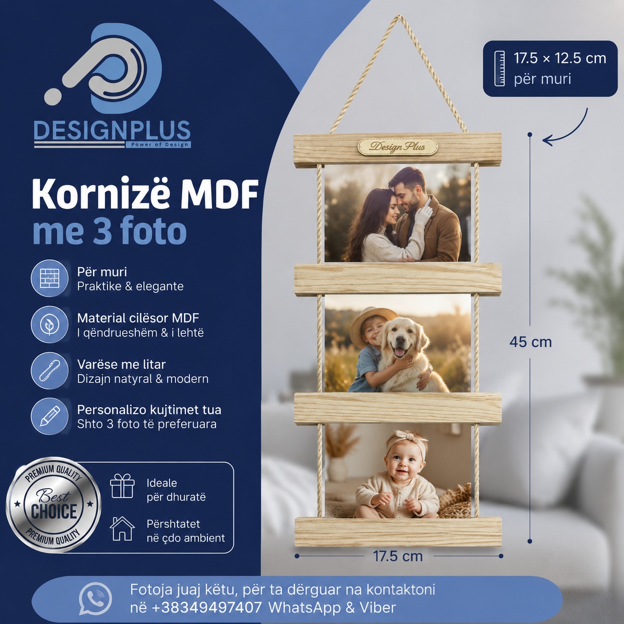 Kornizë MDF me Litar për 3 Foto, e Varur Vertikalisht