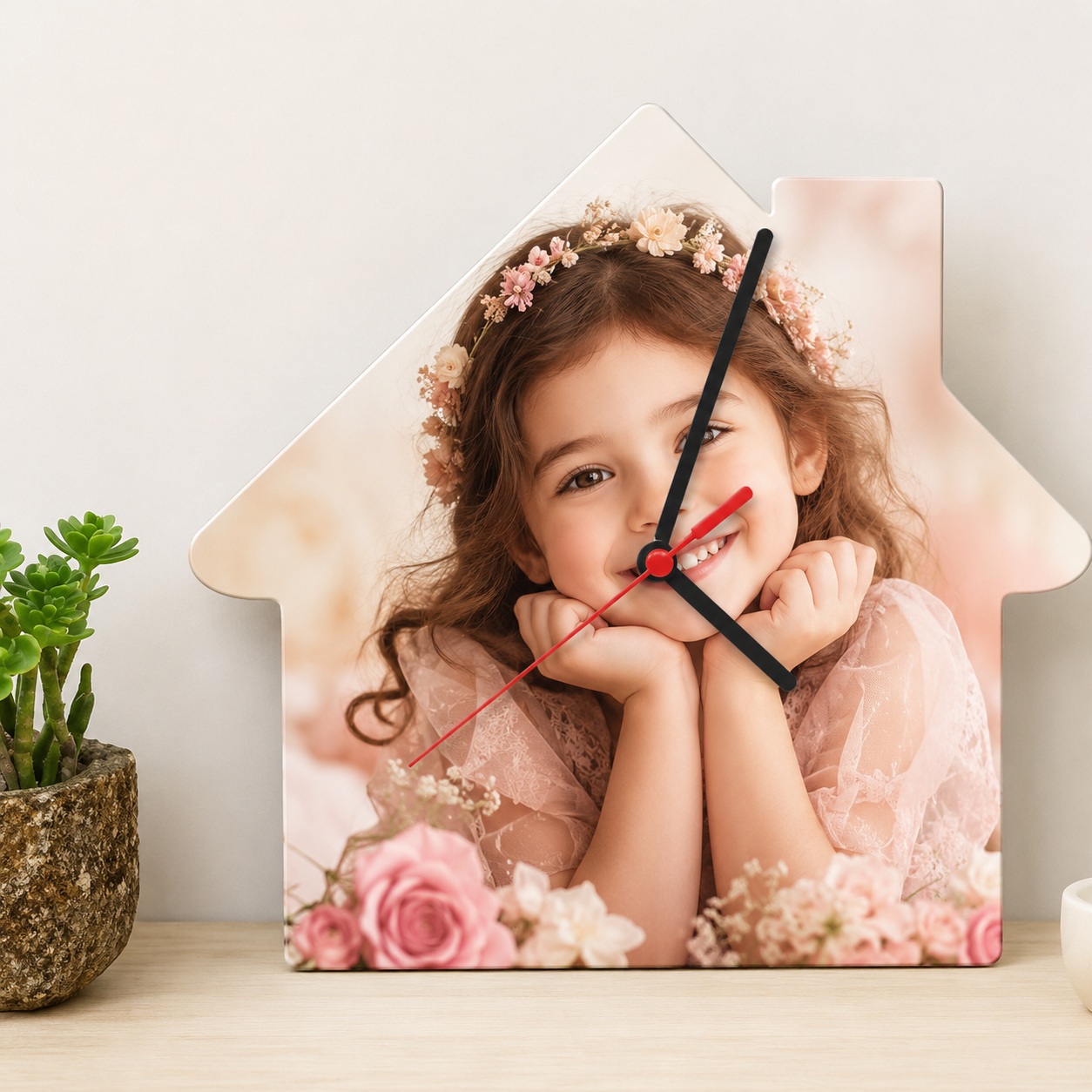 Orë Muri e Personalizuar me Foto, Formë Shtëpie MDF, 20x20 cm