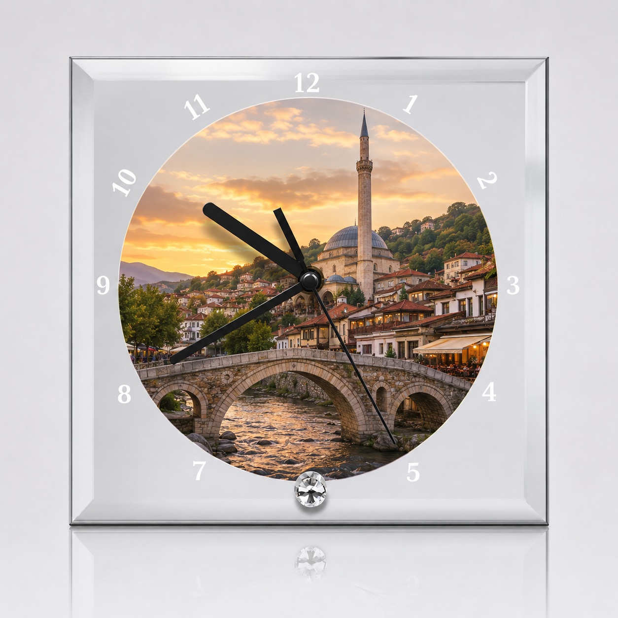 Orë Xhami e Personalizuar me Foto, Formë Katrore me Detaj Kristali, 20x20 cm