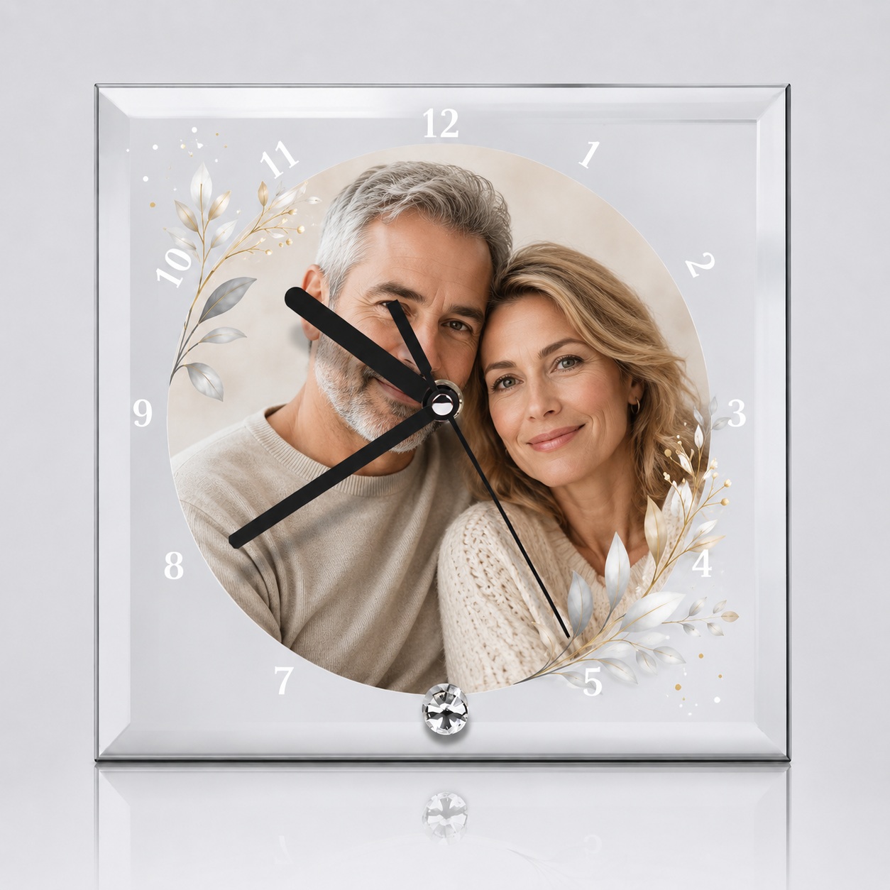 Orë Xhami e Personalizuar me Foto, Formë Katrore me Detaj Kristali, 20x20 cm