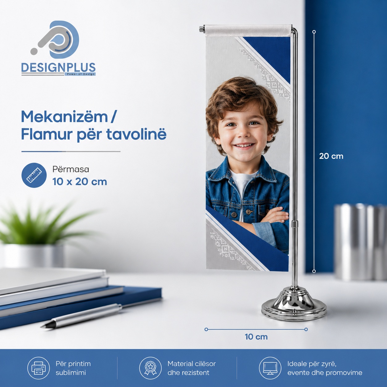 Flamur Tavoline Vertikal i Personalizuar, 10x20cm me Bazament Metalik