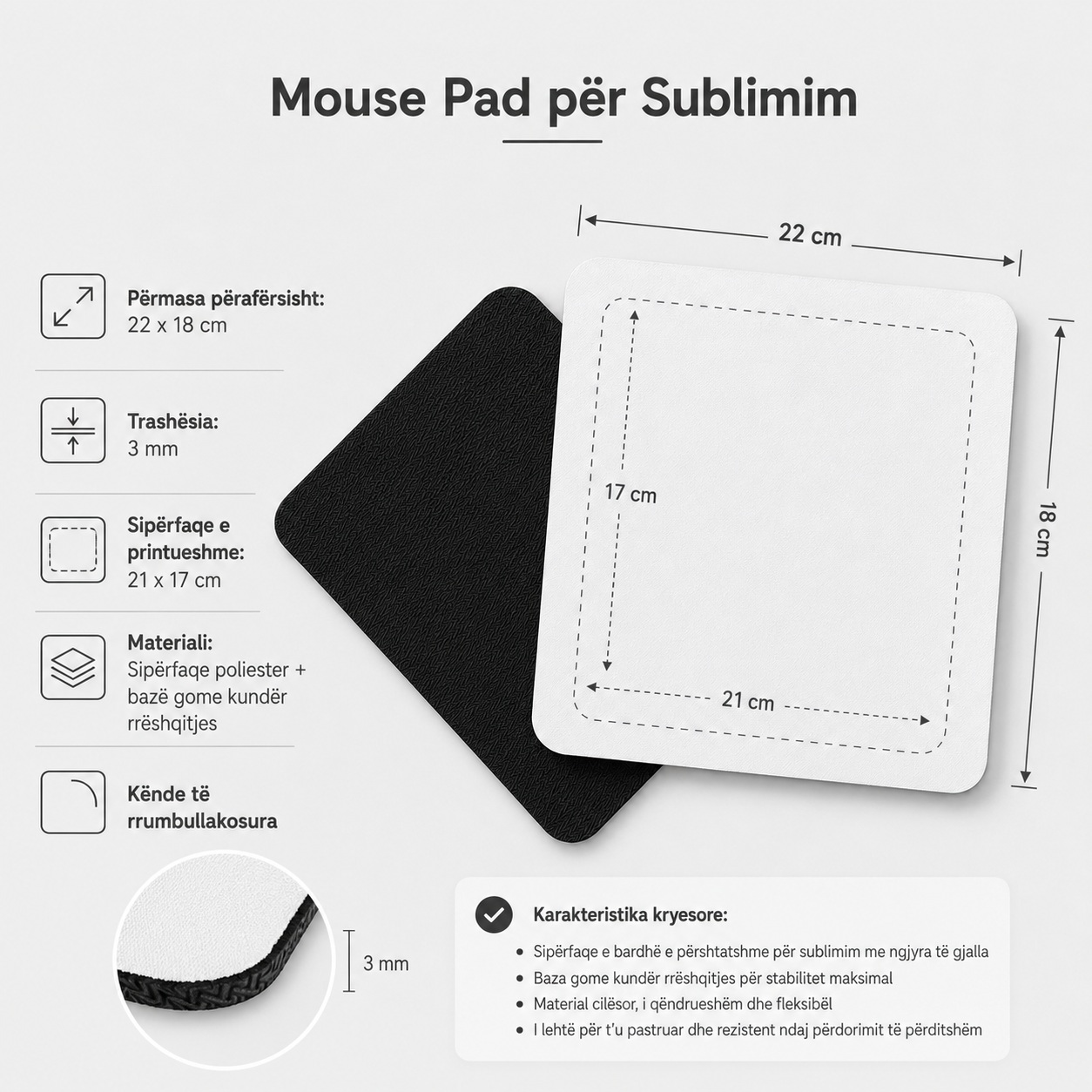Mouse Pad i Personalizuar për Sublimim, Formë Drejtkëndëshe (22x18 cm)