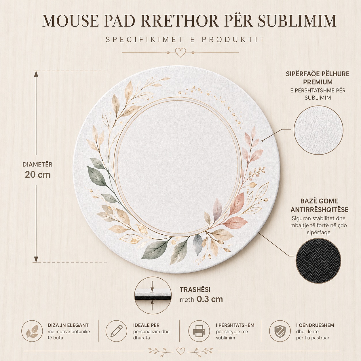 Mouse Pad Rrethor i Personalizuar për Sublimim (Diametër 20 cm)