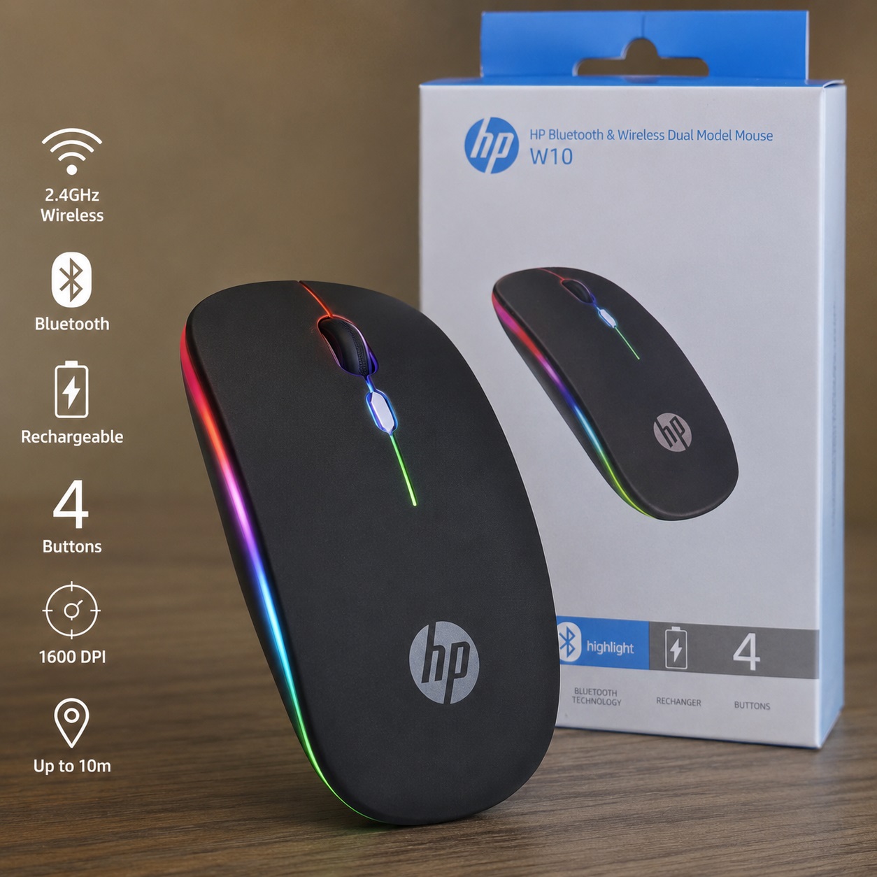Maus Wireless HP W10 dual-mode me RGB – foto 4