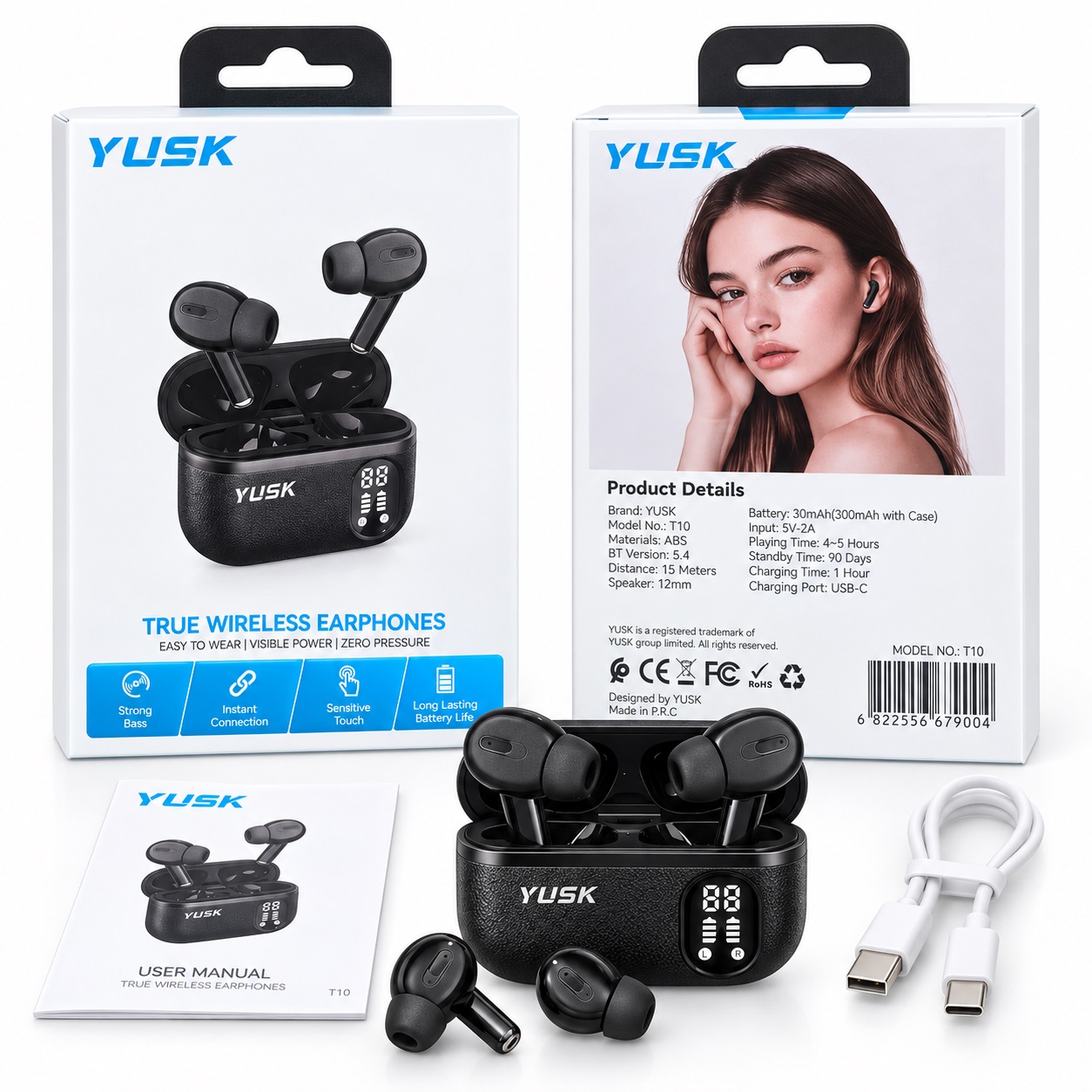 Kufje pa Kabllo YUSK T10 me Bluetooth 5.4 dhe Kuti me Ekran LED – foto 1