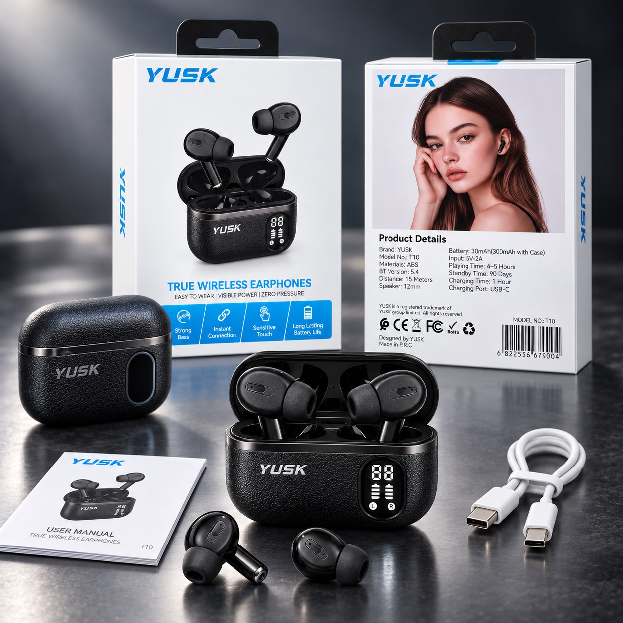 Kufje pa Kabllo YUSK T10 me Bluetooth 5.4 dhe Kuti me Ekran LED – foto 2