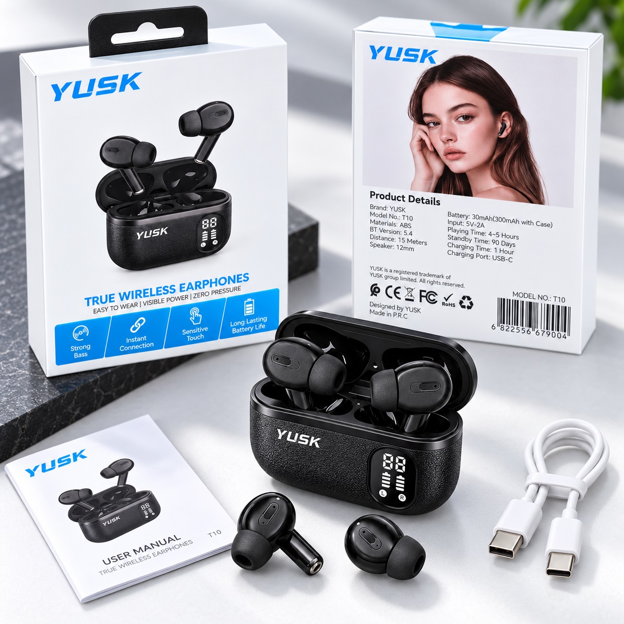 Kufje pa Kabllo YUSK T10 me Bluetooth 5.4 dhe Kuti me Ekran LED – foto 4