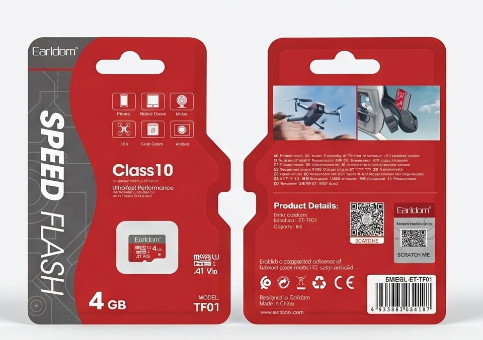 Kartë Kujtese MicroSDHC Earldom 4GB Class 10, me dizajn modern dhe funksional, për përdorim të përditshëm, ngjyrë e zezë
