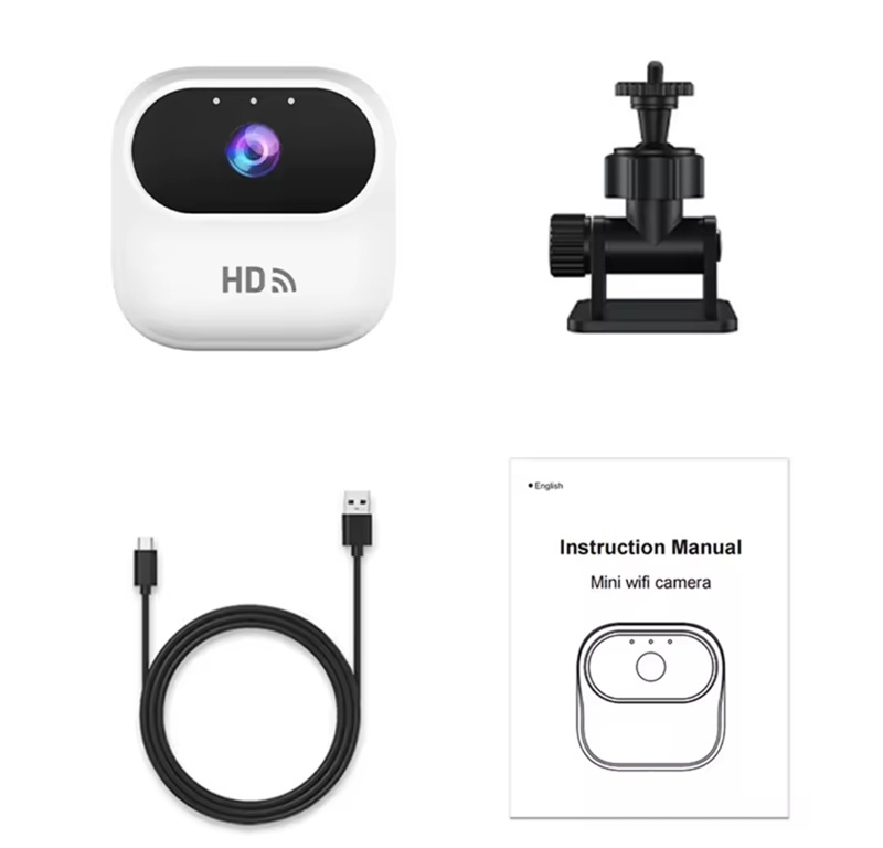 Mini Kamera Inteligjente WiFi me Mbajtëse, me lidhje të qëndrueshme pa tela, për shtëpi, familje dhe siguri, ngjyrë e bardhë