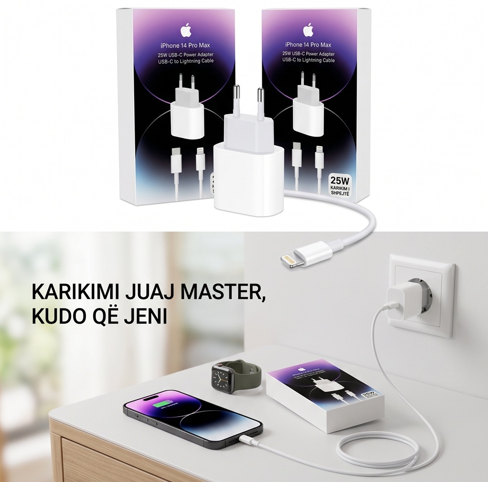 Adapter Karikimi 25W USB-C me Kabllo (Për Apple), me karikim të shpejtë, për shtëpi, zyrë dhe udhëtime, ngjyrë e bardhë