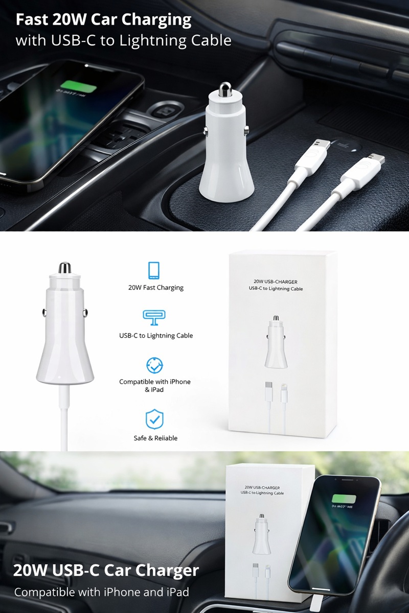 Karikues Makine 20W me Kabëll USB-C në Lightning, me dizajn modern dhe funksional, për përdorim në veturë, ngjyrë e bardhë