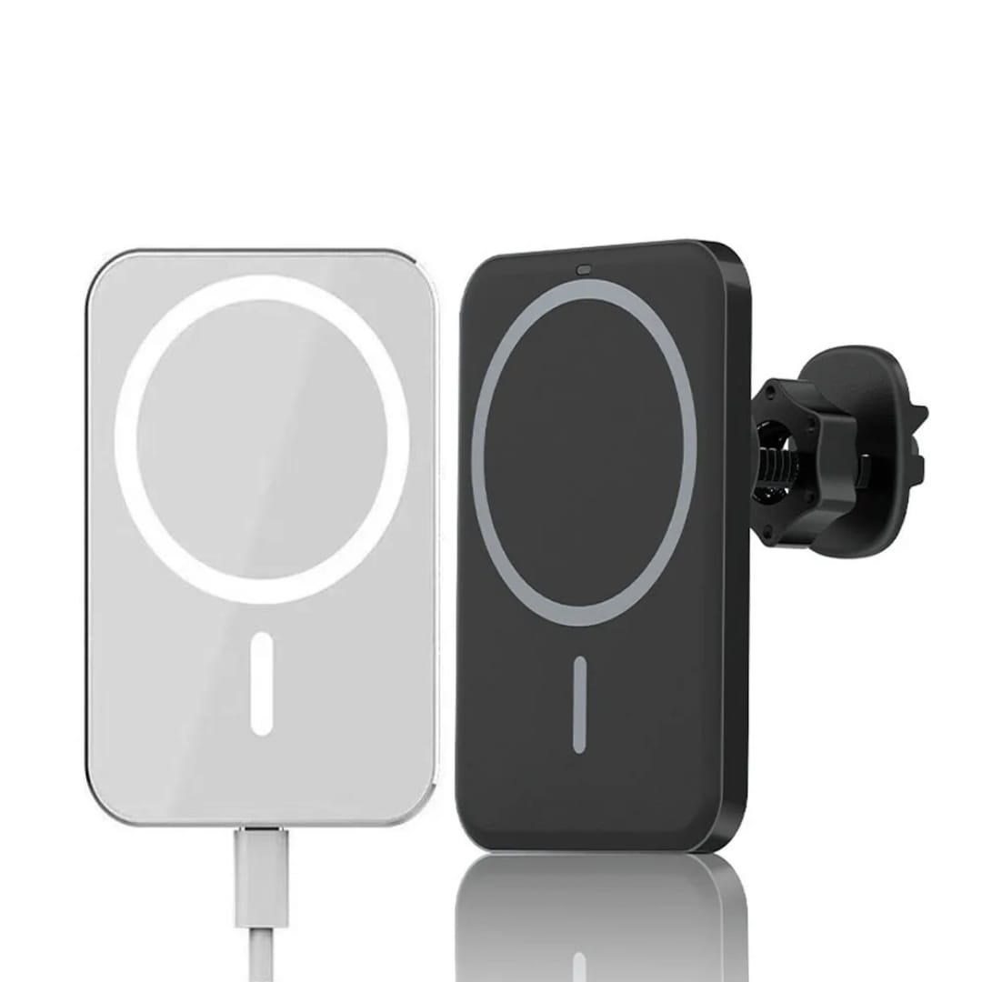 Mbajtëse Makine me Karikues Wireless Magnetik (Stili MagSafe) 5000 mAh, magnetik dhe praktik, për përdorim në veturë, e bardhë/argjend