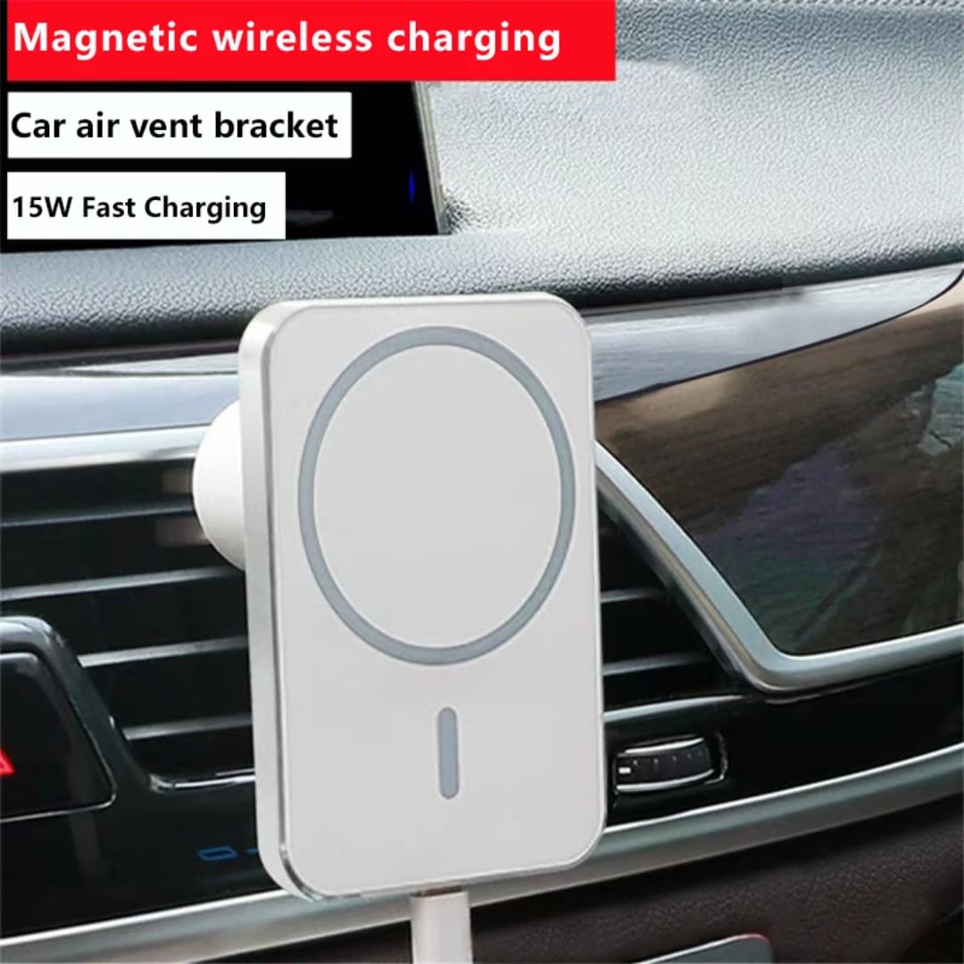 Mbajtëse Makine me Karikues Wireless Magnetik (Stili MagSafe) 5000 mAh, magnetik dhe praktik, për përdorim në veturë, e bardhë/argjend