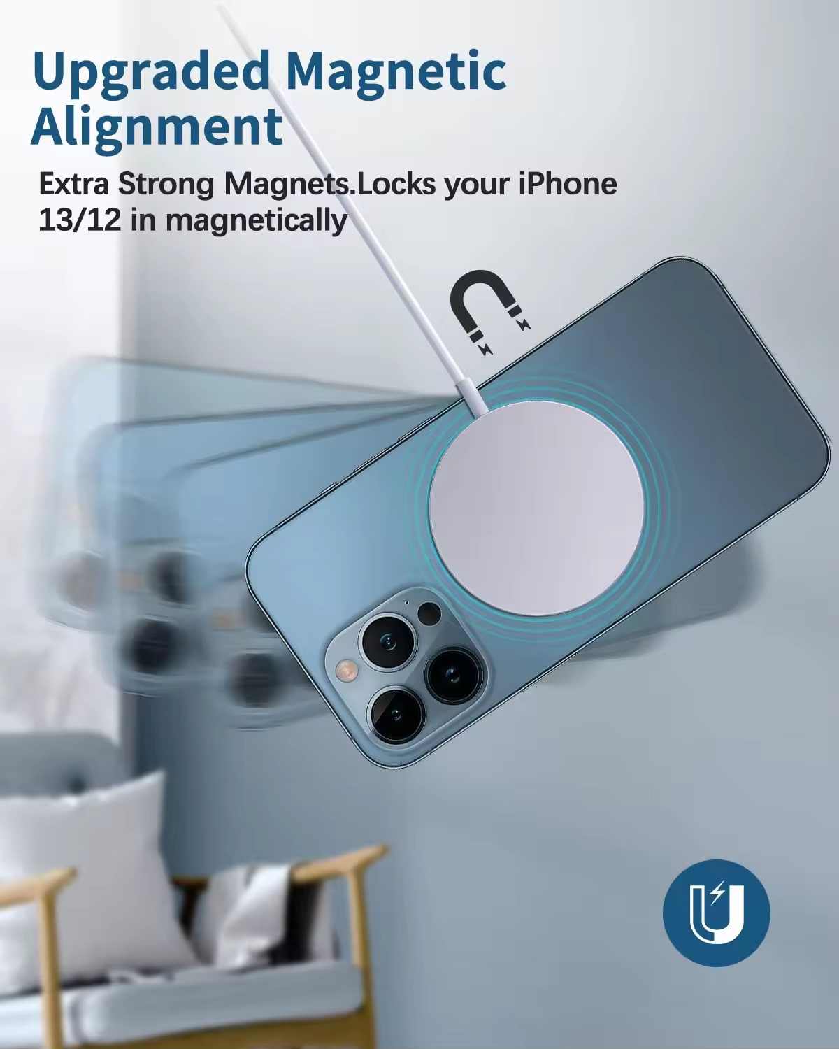 Karikues Wireless Magnetik (Stili MagSafe) me Kabllo Type-C, magnetik dhe praktik, për shtëpi, zyrë dhe udhëtime, e bardhë/argjend