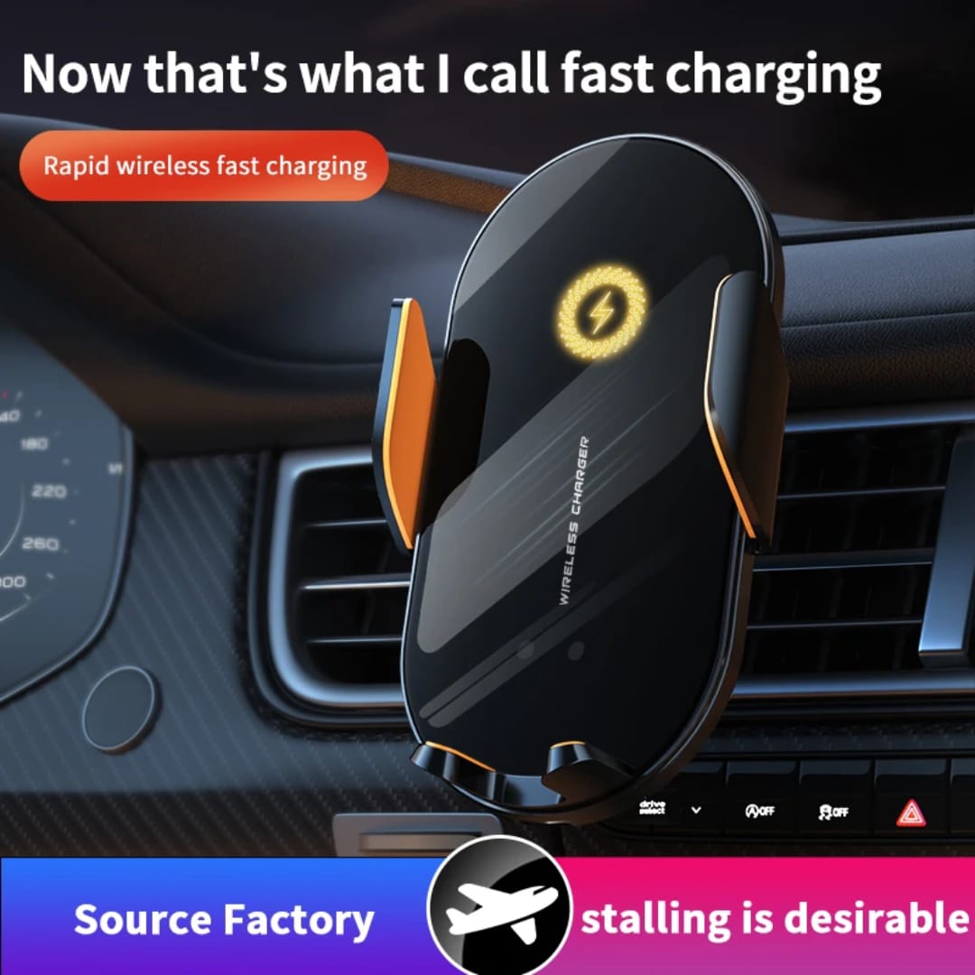 Mbajtëse Makine me Karikues Wireless të Shpejtë, me lidhje Bluetooth pa tela, për përdorim në veturë, e zezë me detaje portokalli