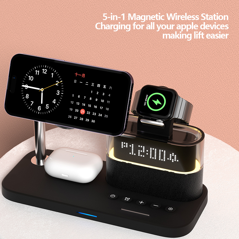 Stacion Karikimi Wireless Magnetik 5-në-1 me Orë, magnetik dhe praktik, për shtëpi, zyrë dhe udhëtime, ngjyrë e zezë