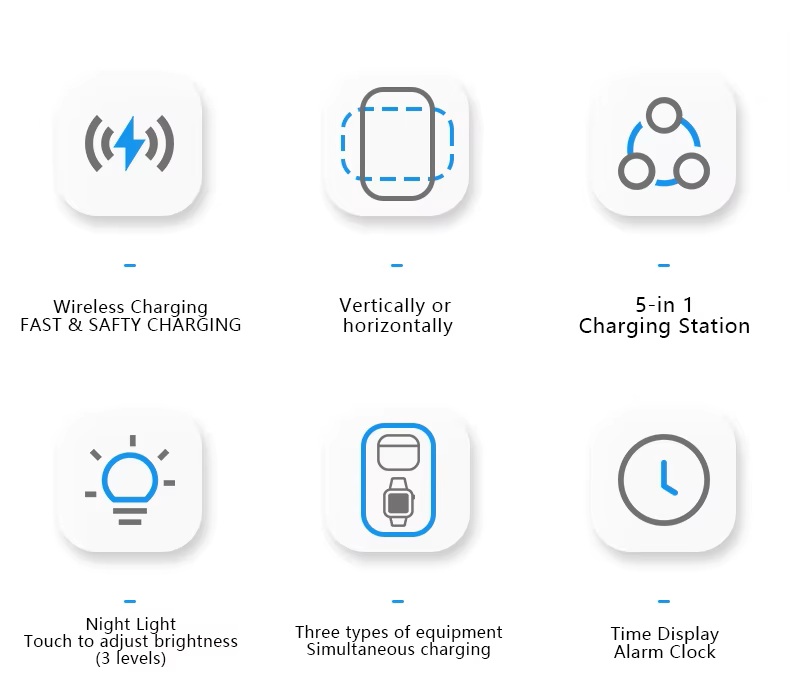 Stacion Karikimi Wireless Magnetik 5-në-1 me Orë, magnetik dhe praktik, për shtëpi, zyrë dhe udhëtime, ngjyrë e zezë