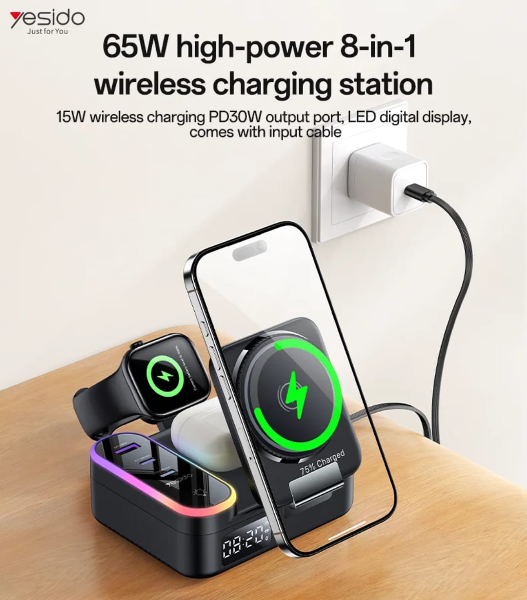 Stacion Karikimi Inteligjent 5 in 1 Yesido me Orë, RGB dhe Wireless Charging, me ndriçim modern LED/RGB, për shtëpi, zyrë dhe udhëtime, ngjyrë e zezë