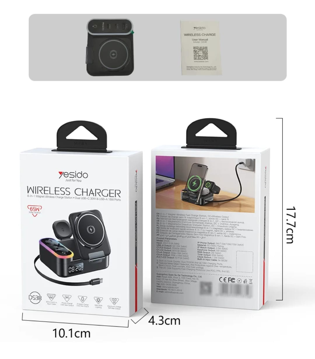 Stacion Karikimi Inteligjent 5 in 1 Yesido me Orë, RGB dhe Wireless Charging, me ndriçim modern LED/RGB, për shtëpi, zyrë dhe udhëtime, ngjyrë e zezë