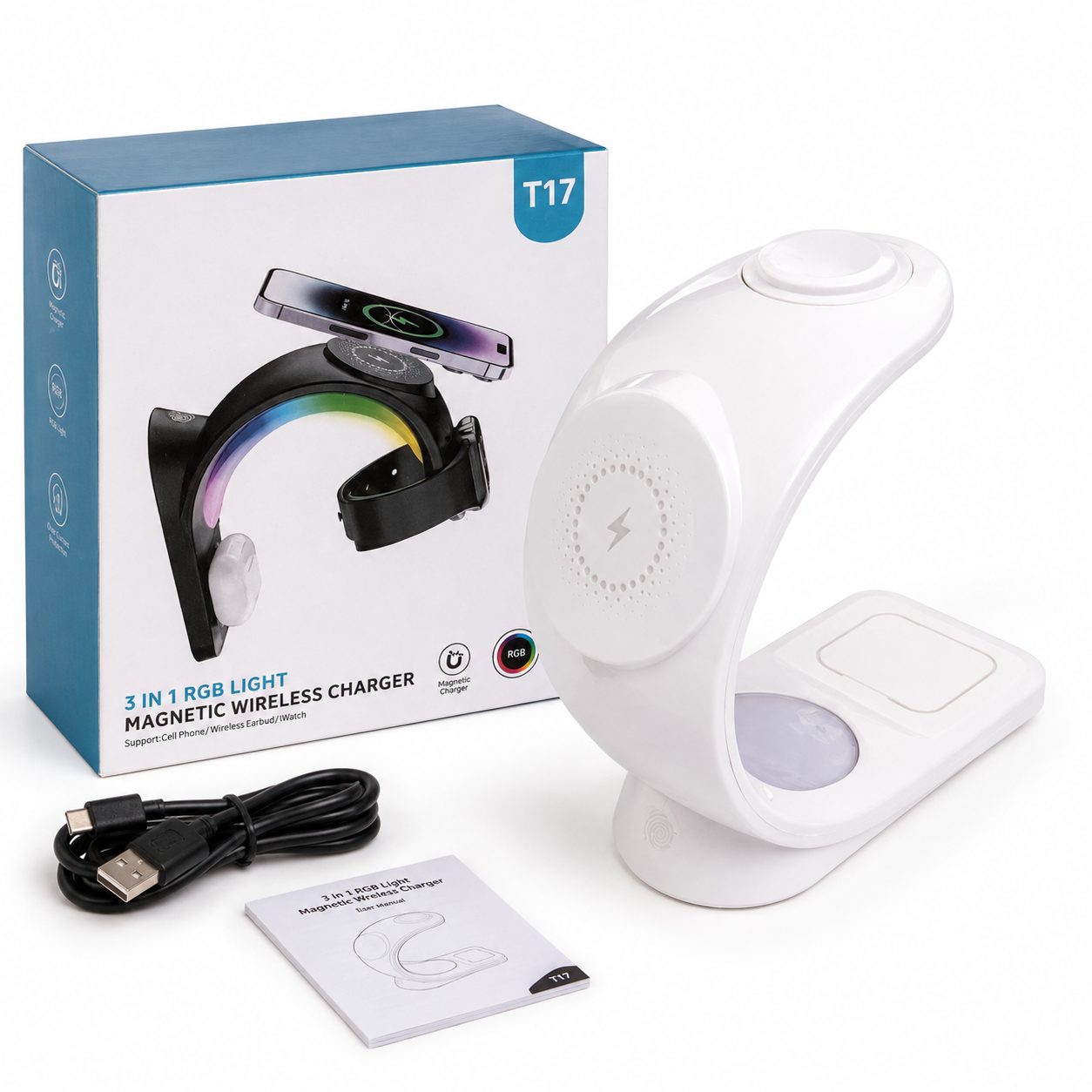 Karikues Wireless Magnetik T17 3-në-1 për telefon, orë dhe kufje - foto 1