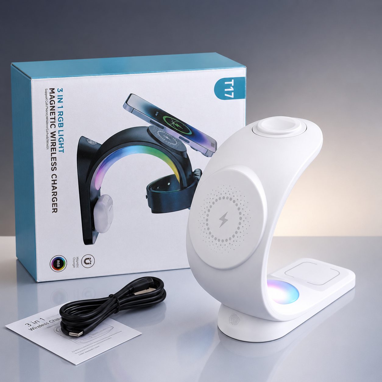 Karikues Wireless Magnetik T17 3-në-1 për telefon, orë dhe kufje - foto 2