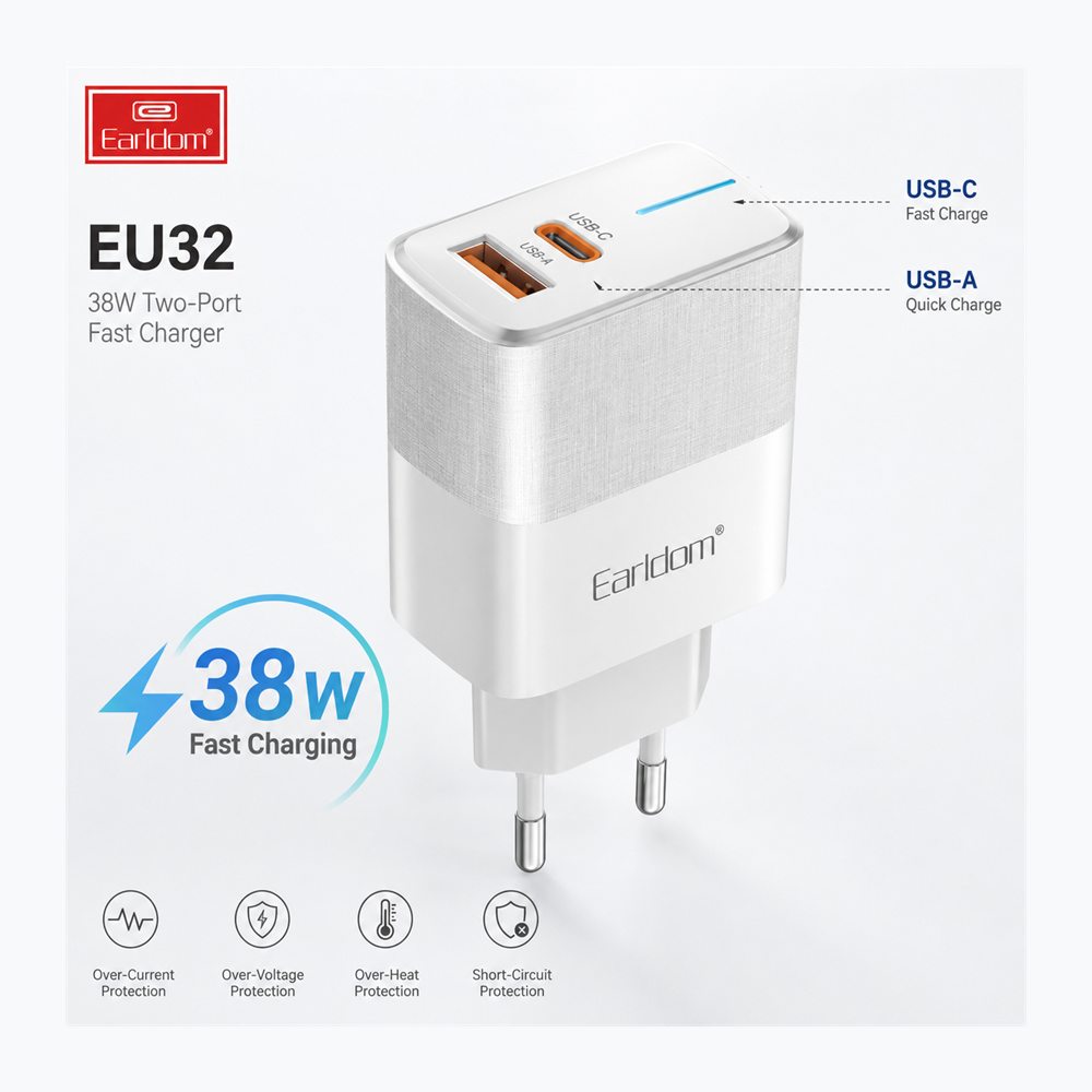 Karikues Earldom EU32 38W PD/QC me USB-C dhe USB-A, EU Plug - foto 3