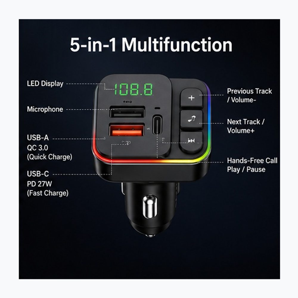 Karikues Makine YUSK YFM03 5-në-1 me Bluetooth 5.3, FM Transmitter dhe 27W PD - foto 4