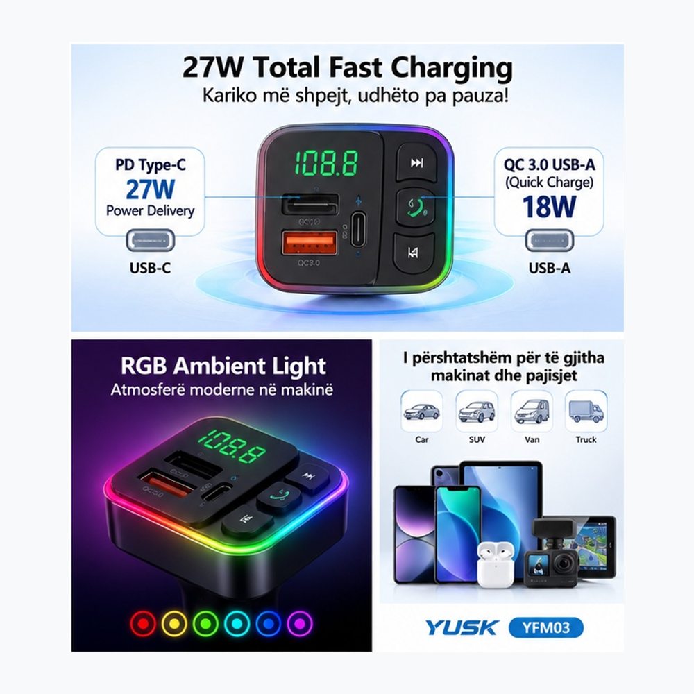 Karikues Makine YUSK YFM03 5-në-1 me Bluetooth 5.3, FM Transmitter dhe 27W PD - foto 5