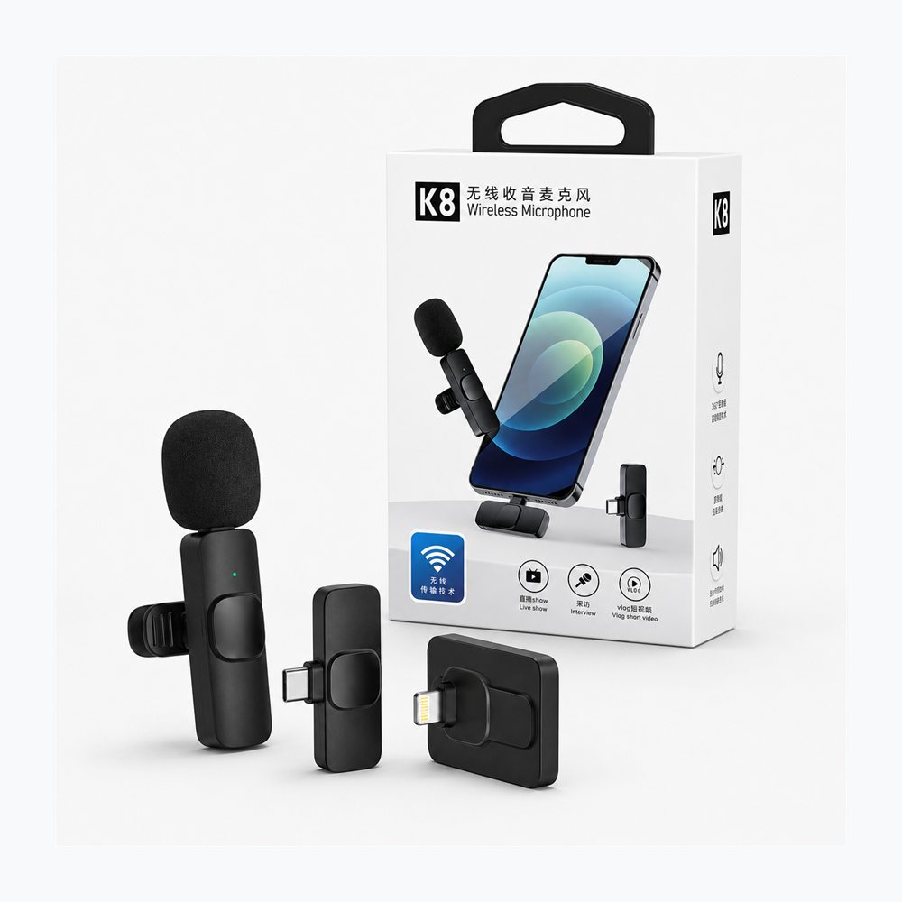 Mikrofon Wireless K8 me Marrës USB-C dhe Lightning për Video, Vlog dhe Intervista - foto 1