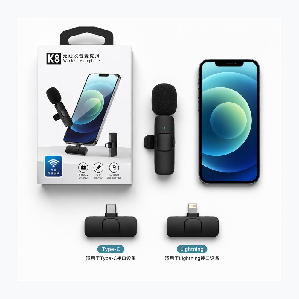 Mikrofon Wireless K8 me Marrës USB-C dhe Lightning për Video, Vlog dhe Intervista - foto 3