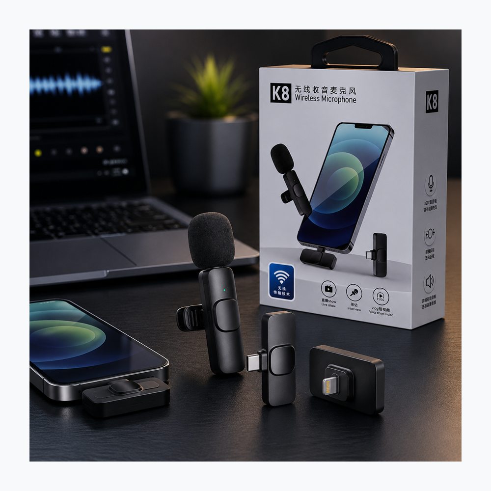 Mikrofon Wireless K8 me Marrës USB-C dhe Lightning për Video, Vlog dhe Intervista - foto 4