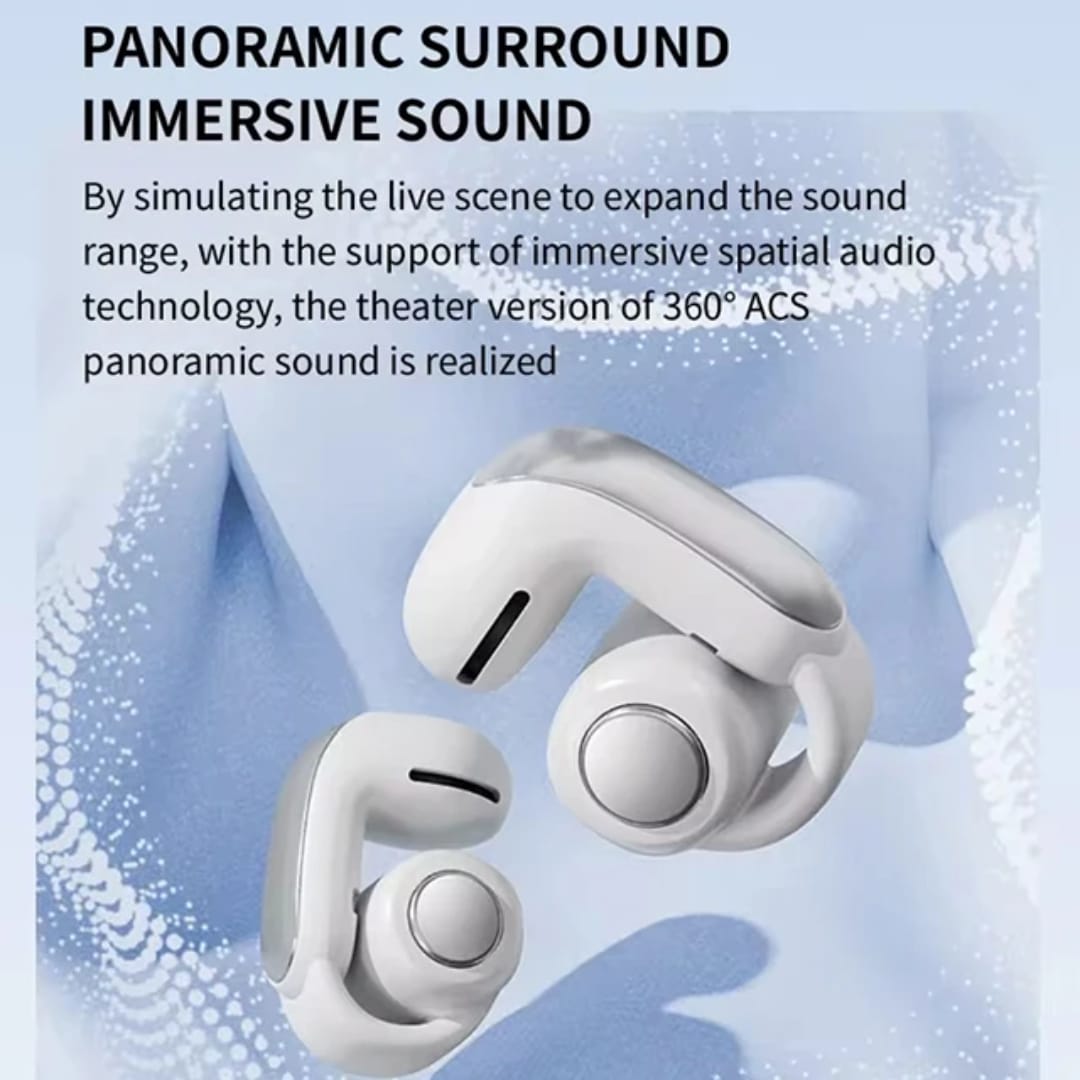 Kufje Wireless me Kapëse Veshësh (Ear Clip) dhe Zë Hapësinor 360°, me tingull të qartë dhe përdorim komod, për muzikë, thirrje dhe argëtim, e bardhë me thekse argjendi