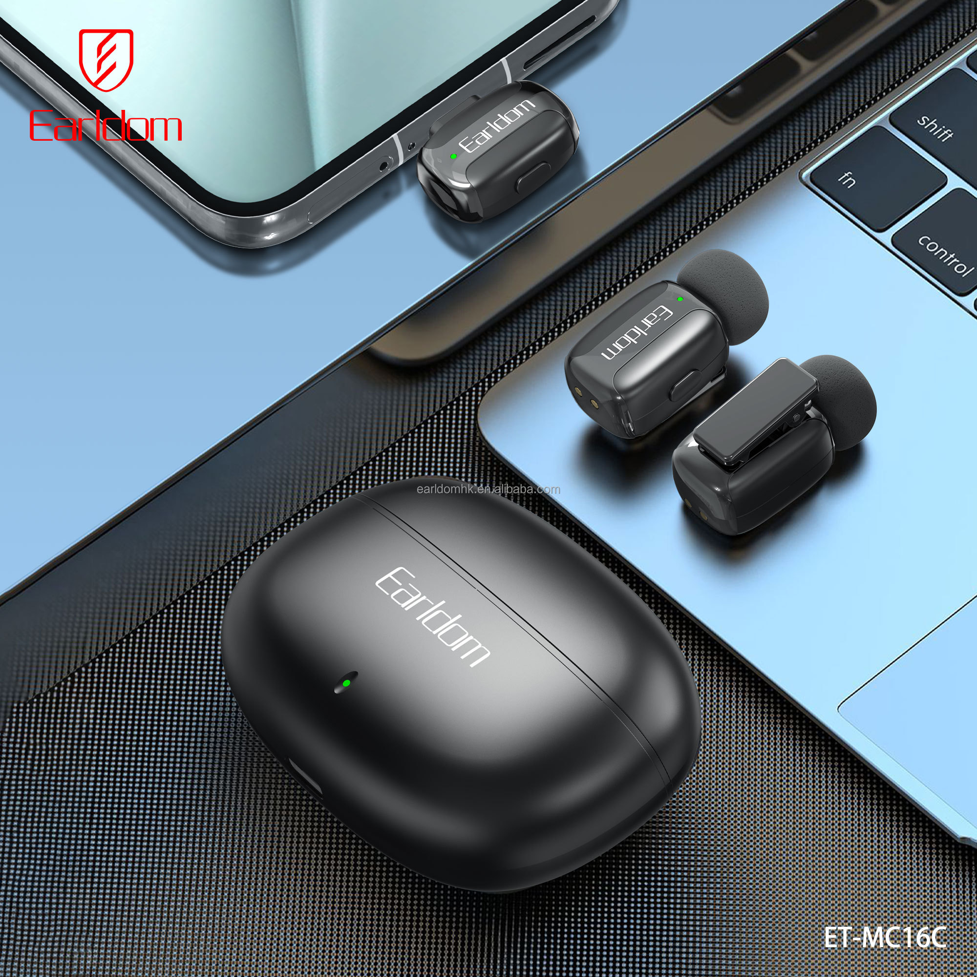 Set Mikrofonash Wireless Earldom ET-MC10 me Kuti Karikimi, me lidhje Bluetooth pa tela, për vlog, intervista dhe transmetime live, ngjyrë e zezë