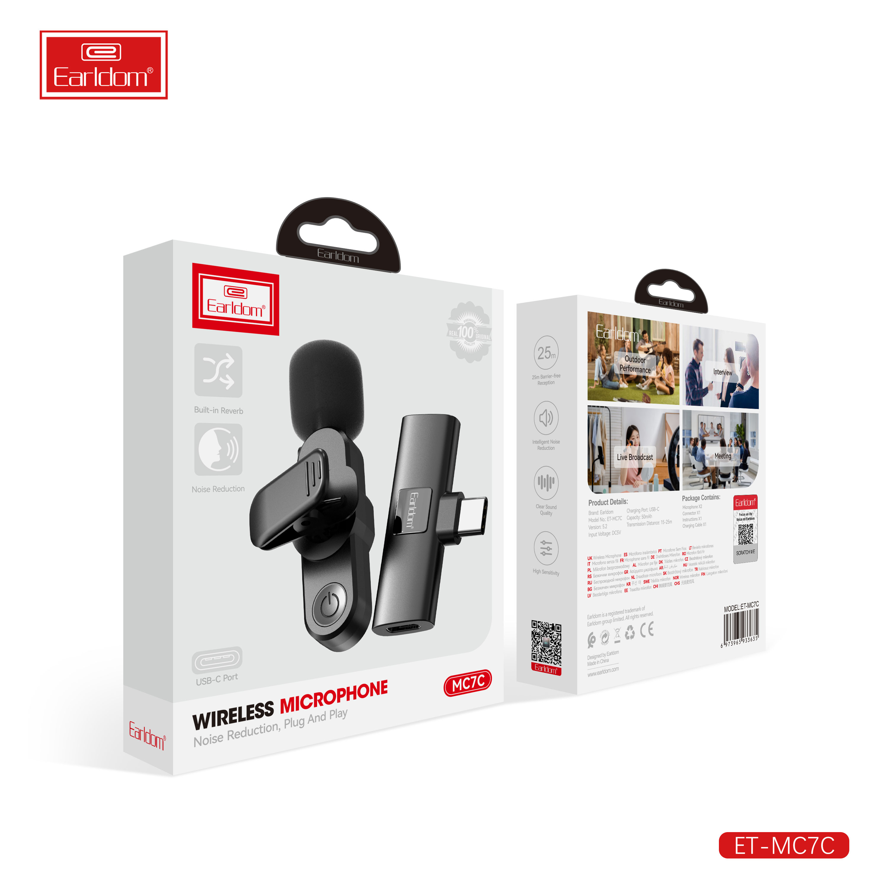 Mikrofon Wireless Lavalier Earldom ET-MC7L (Me lidhje Lightning), me lidhje Bluetooth pa tela, për vlog, intervista dhe transmetime live, ngjyrë e zezë