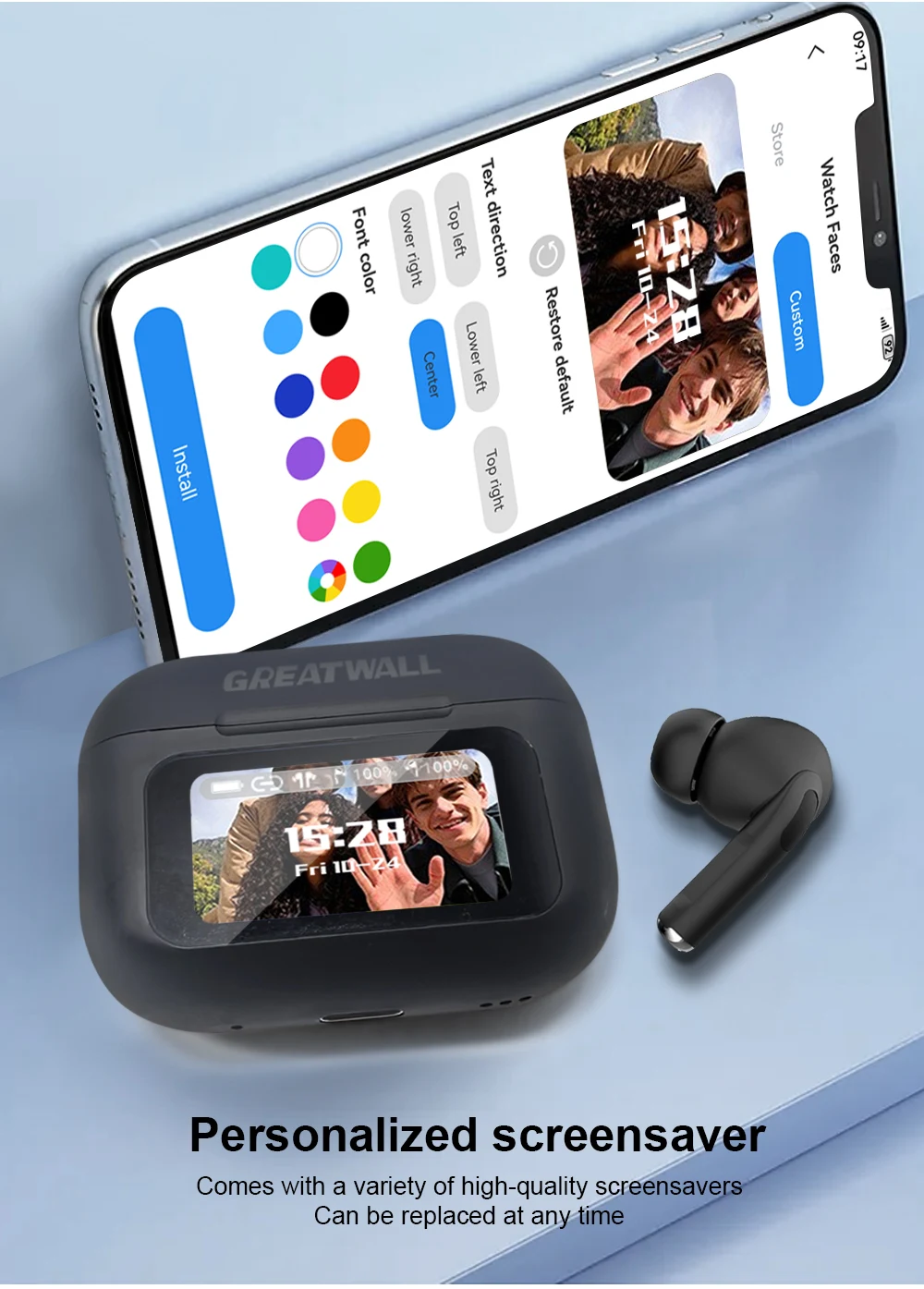 Kufje Bluetooth TWS Greatwall me Ekran me Prekje, me tingull të qartë dhe përdorim komod, për muzikë, thirrje dhe argëtim, ngjyrë e zezë