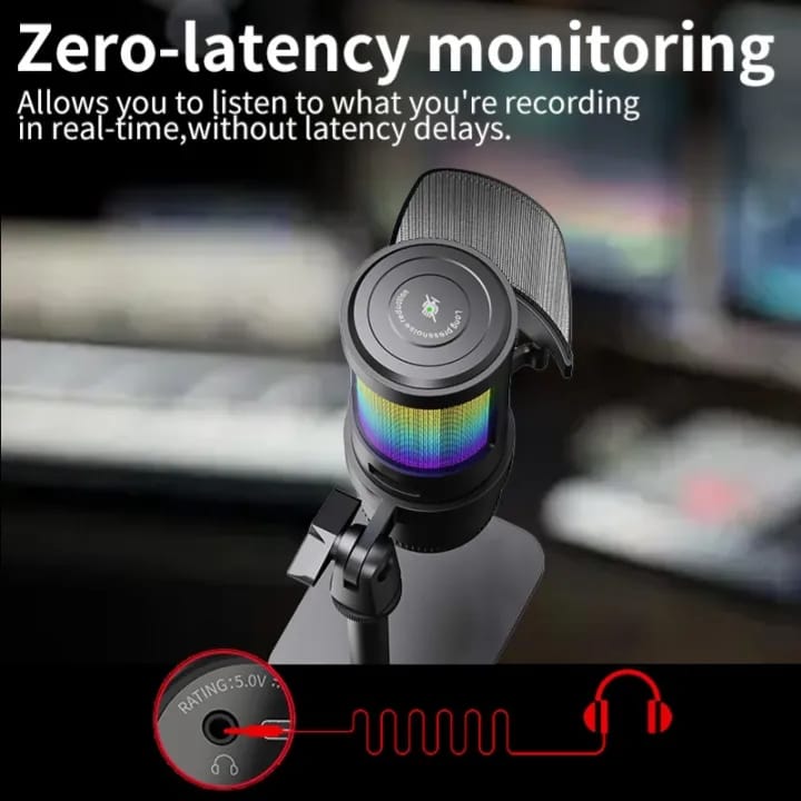 Mikrofoni USB Jmary MC-PW13 Profesional me RGB, me ndriçim modern LED/RGB, për vlog, intervista dhe transmetime live, e zezë me dritë rgb